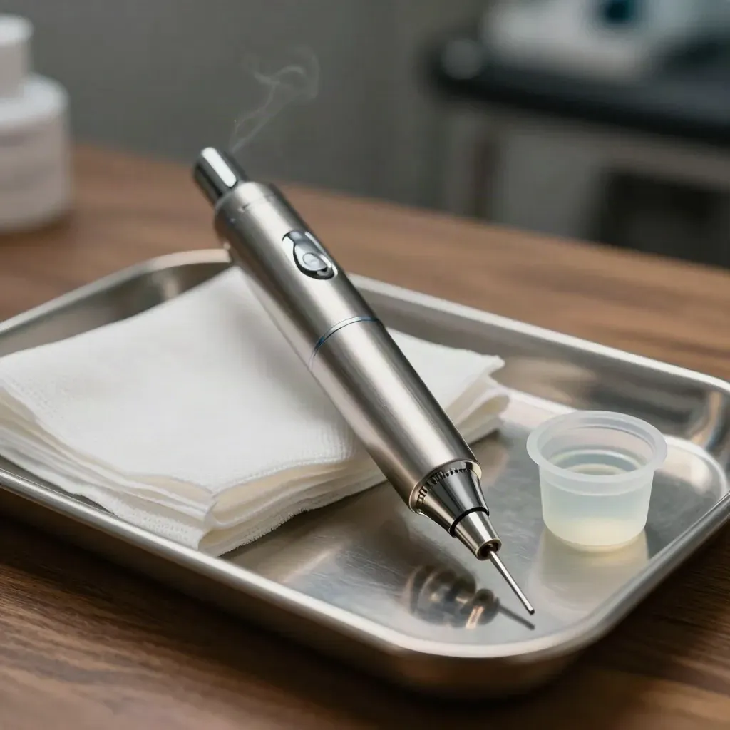 Microneedling pen on a steel tray with cartridges, gauze and saline in clinical haze.