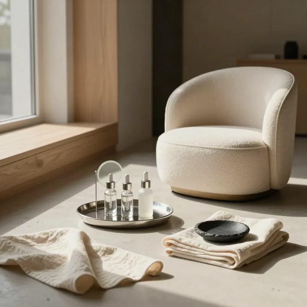 Cream consultation room with mirror, serum tray and folded linen in soft window light.
