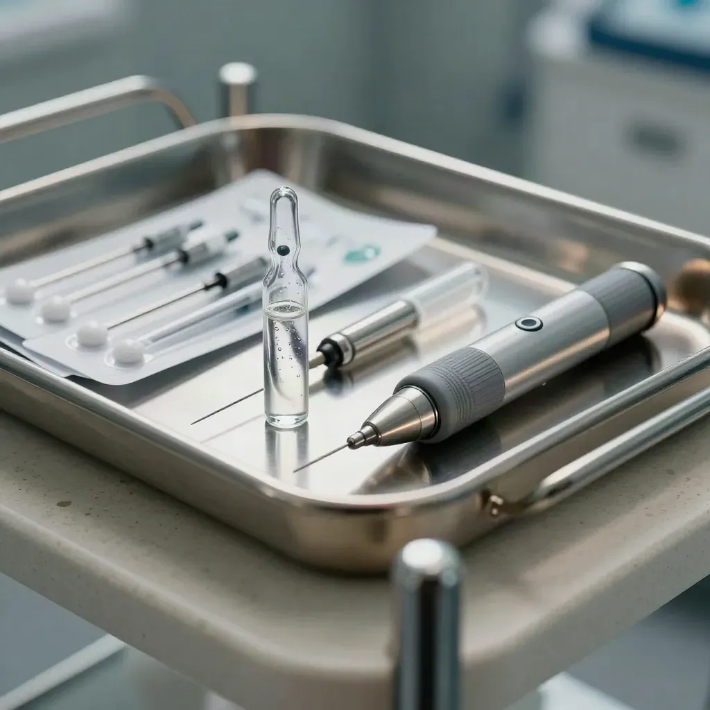 Macro stainless tray with needles, ampoules, swabs and capped device on travertine