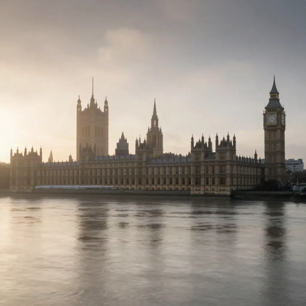 Misty Westminster skyline and Parliament silhouette above the Thames at dawn