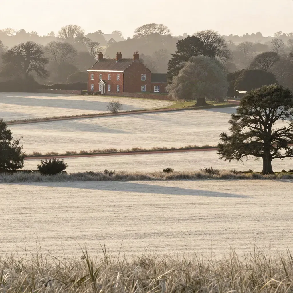 Hazy Home Counties parkland with a red-brick country house and layered tree lines under warm afternoon light.
